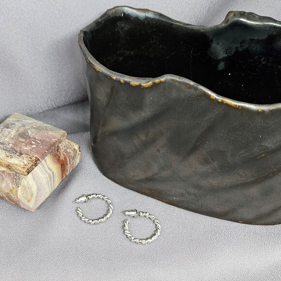 Small Hoops Earrings w/twisted, stamped design, Silver Plate - 3/4" length - Picture 3 of 8